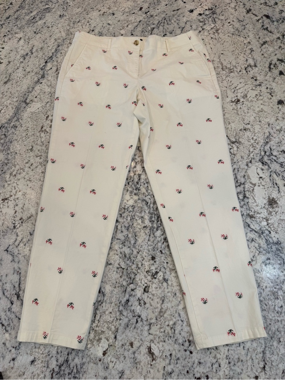 Talbots Relaxed Chino Floral Embroidered Cropped Pants Size 12 Ivory Pink - Picture 2 of 9